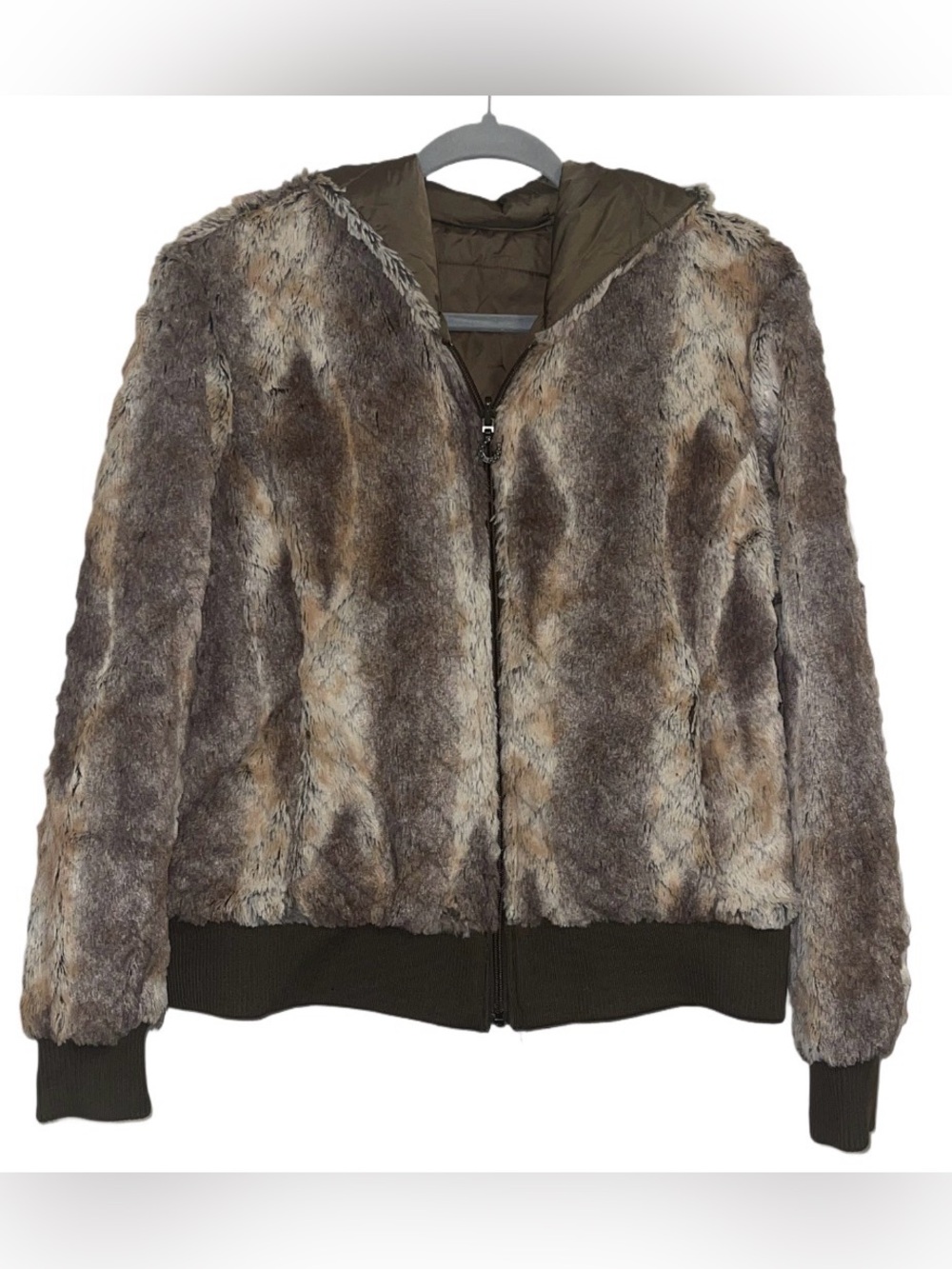 Ariat Faux Fur Reversible Hooded Bomber Jacket in Brown and Taupe